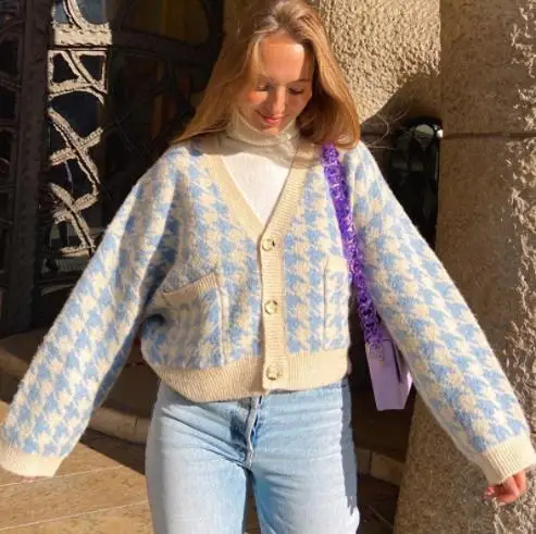 

Female Blue Cardigan Coat Houndstooth Print V-Neck Long Sleeve Knitwear Sweater Jacket Women Clothing Spring Autumn Hot