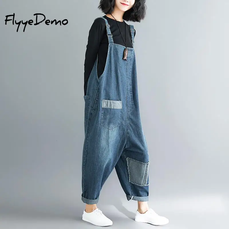 

Plus Size Women Denim Jumpsuits Pants Loose Casual Harem Denim Overalls Women 200 Pounds Fat Mm Jumpsuit Rompers 2020 Autumn