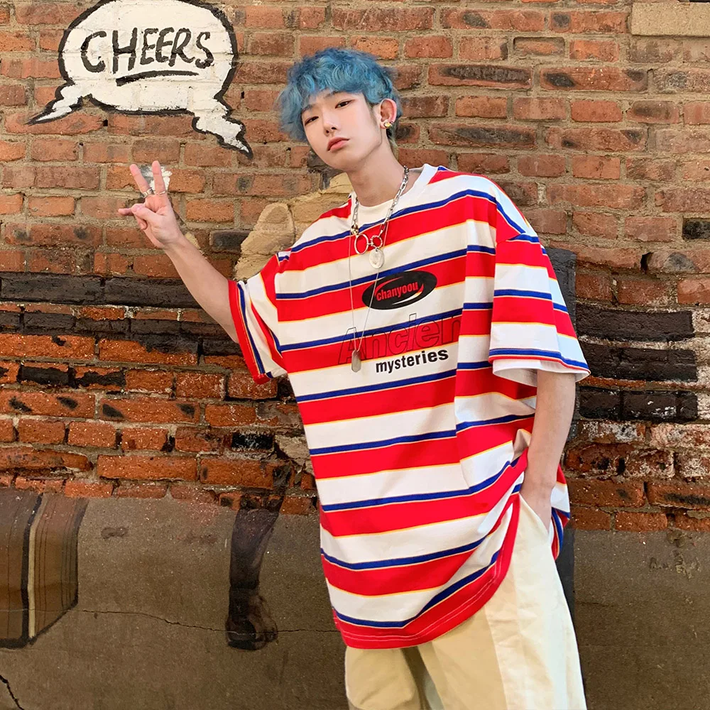 Футболка мужская с контрастными полосками и коротким рукавом модный Свободный