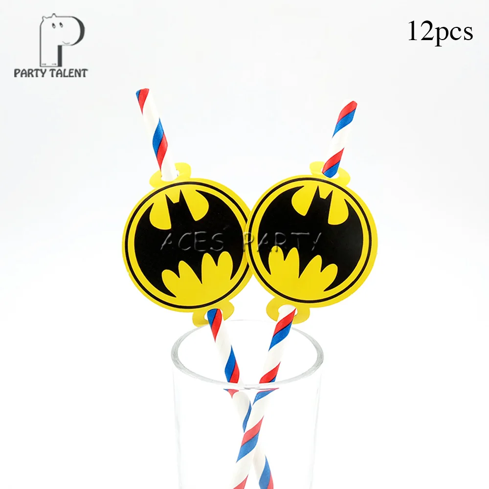 12pcs straws Мальчики дети супер герой Бэтмен тема посуда для вечеринки в честь Дня Рождения шар конфеты коробка флаг тарелка чашка соломы кисточкой вечерние принадлежности - Цвет: 12pcs straws