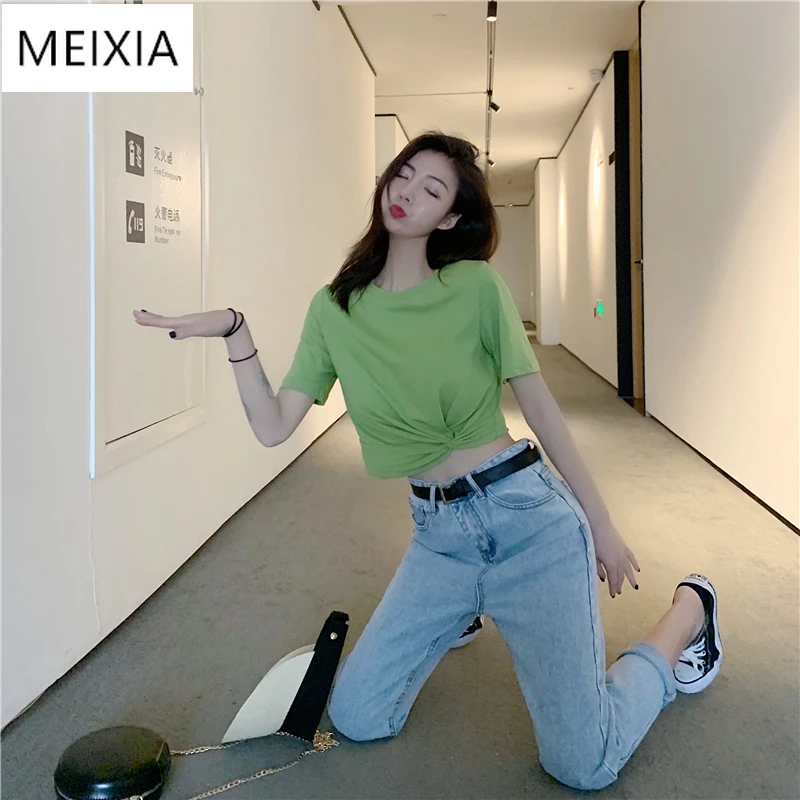 

2020 Summer women's slim twist Knot short T-shirt Korean version of the round neck solid color T-shirt fashion hip-hop Tees