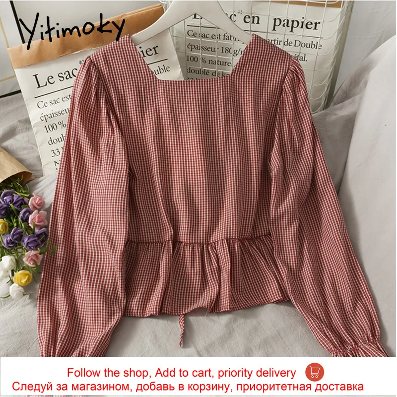 

Yitimoky Blouses Women Spring 2021 Fashion Long Sleeve Butterfly Sleeve Top Short Casual Solid Square Collar Ruffles Plaid Tops