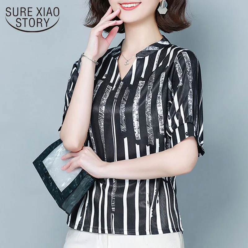 

2021 New Style V-neck Women's Shirt Middle-aged Women Summer Fashion Chiffon Blouse Woman Striped Short Sleeved Tops 9061 50