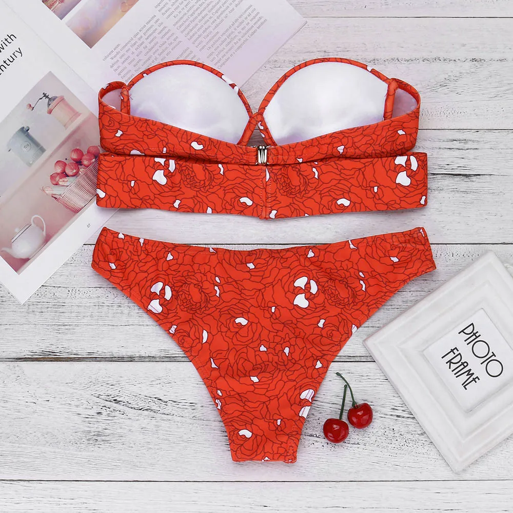 

Girls Bandeau Strap Bandage Red Bikini 2021 Sexy Swimsuit Ladies Printed Push-Up Padded Swimwear Tankini Women Beachwear