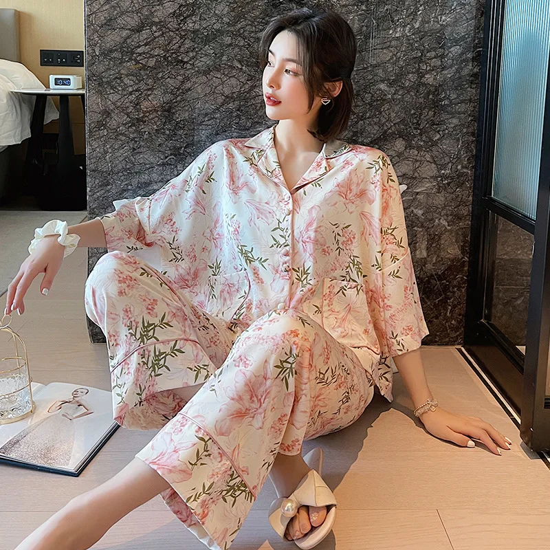 

Pyjamas Imitation silk pajamas suit trousers pajama women's home service Female Homewear loungewear Sleepwear