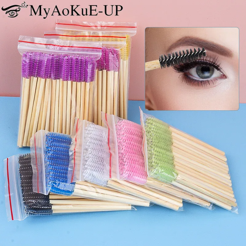 

50Pcs Lash Brush Disposable Applicators Eyelash Extension Brush Supplies Makeup Tool Bamboo Handle Micro Spoolie Eyebrow Brush