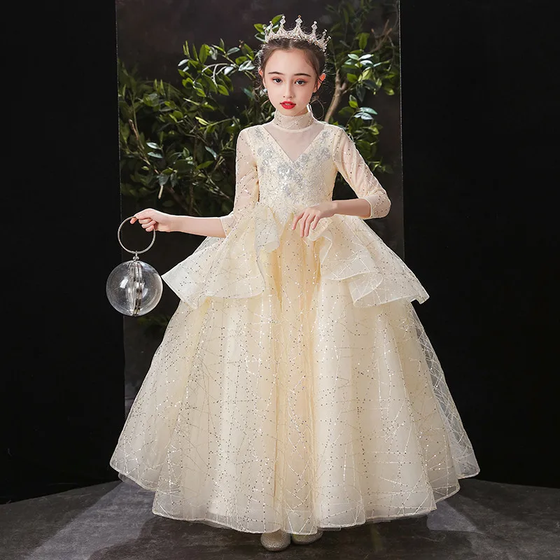 

Children Girls High Quality Champagne Color Florals Sequined Design Wedding Party Birthday Long Dress For Piano Host Ceremony