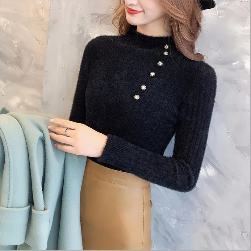 Women's Faux Mink Velvet Slim Sweater - Warm Knitted Pullover with High Collar and Button Bottom - Solid Color Spring Fashion image 4