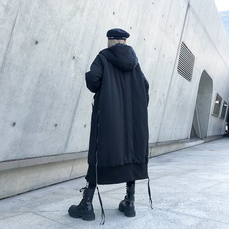 MEVGOHOT Winter Warm Hooded Zipper Bandage Streetwear Black Long Overcoat Woman Plus Size Oversized Autumn Wadded Coat HD2671 |