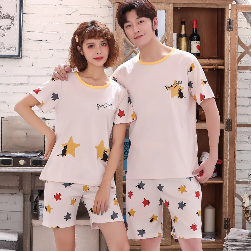Пуловер с короткими рукавами штаны пижама 6535 хлопок летние пижамы для пар