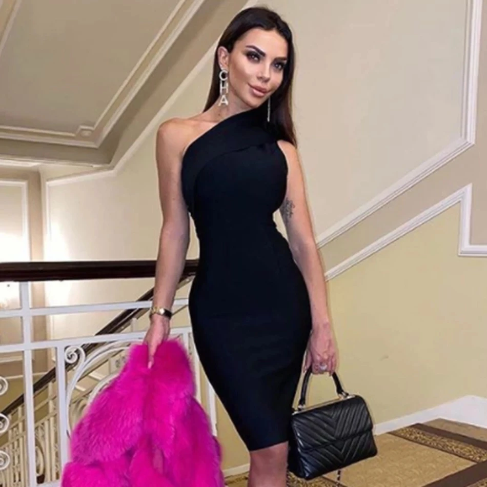 

2020 New Summer Black One Shoulder Bandage Dress Women Sexy Sleeveless Bodycon Club Nude Celebrity Evening Party Dresses