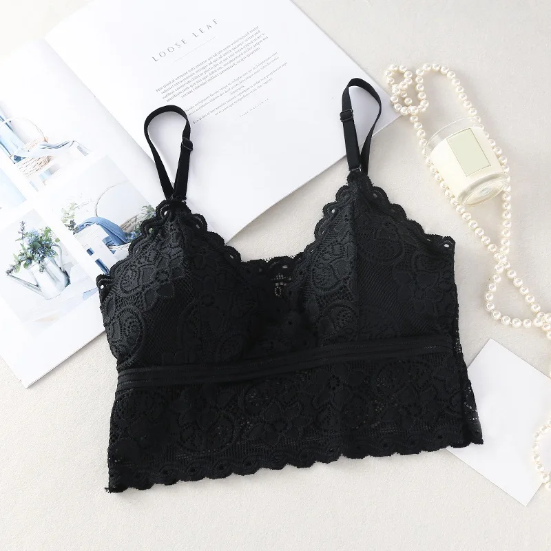 

Women Fashion Wireless Bra Padded Bralette Deep V Lace Bras Summer Crop Top Embroidery Floral Tank Top Hot Sale Wholesale
