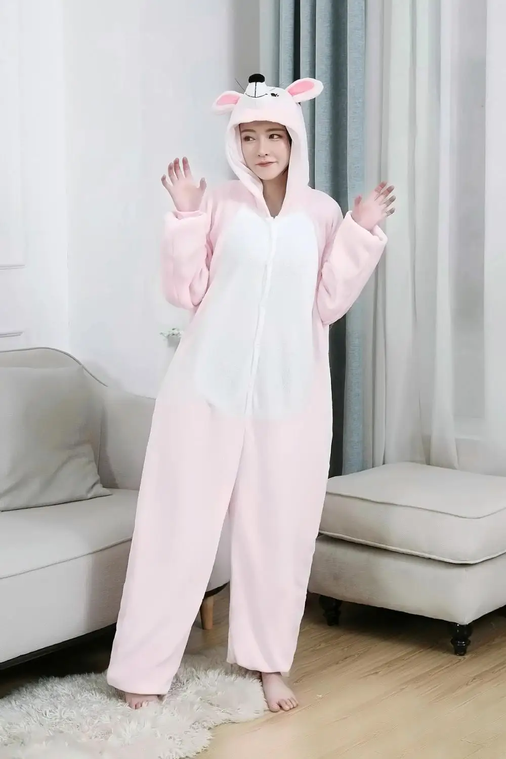 Розовый комбинезон с мышкой для взрослых и женщин Пижама животными фланелевая