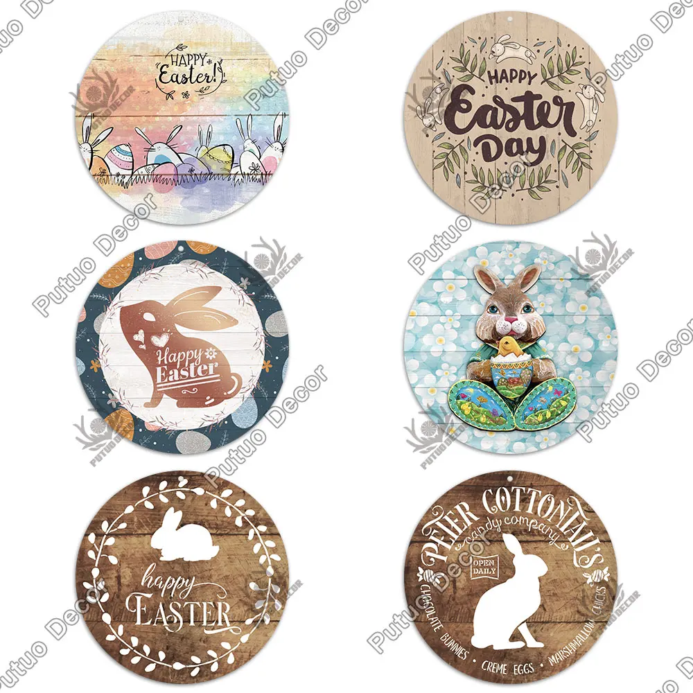 putuo decor easter round wooden sign rabbit wall plaque wood gift for home family easter theme filled eggs hunt party door decor free global shipping