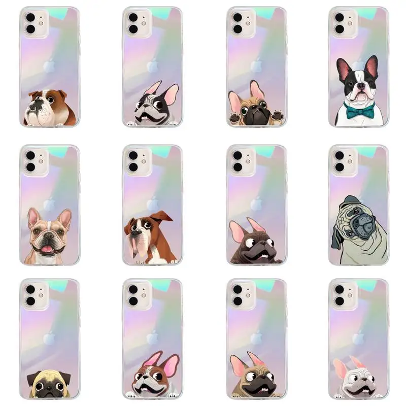 

Pug Dog French Bulldog Phone Case for iPhone huawei P 7 8 9 11 12 10 30 40 S X XS XR MINI Pro Max Plus laser Transparent Glitter