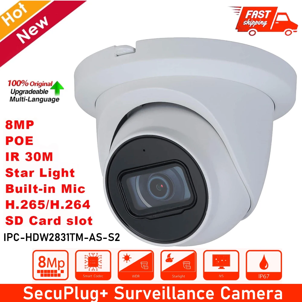 

IPC-HDW2831TM-AS-S2 8MP POE Built-in Mic & SD Card Slot H.265 IR 30M IVS WDR Onvif IP67 Starlight Eyeball For Dahua IP Camera