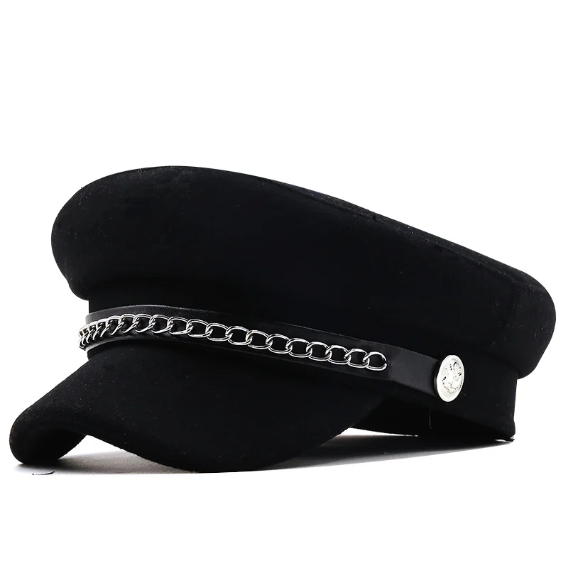 

New Winter Chain Black Wool Military Berets for Women Female Flat Army Cap Salior Hat Girl Travel Berets Ladies Painters Caps