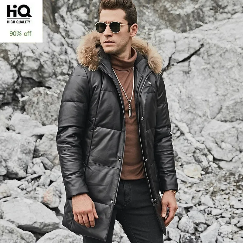 Мужские пуховики из натуральной кожи с воротником меха енота осенне зимние новые