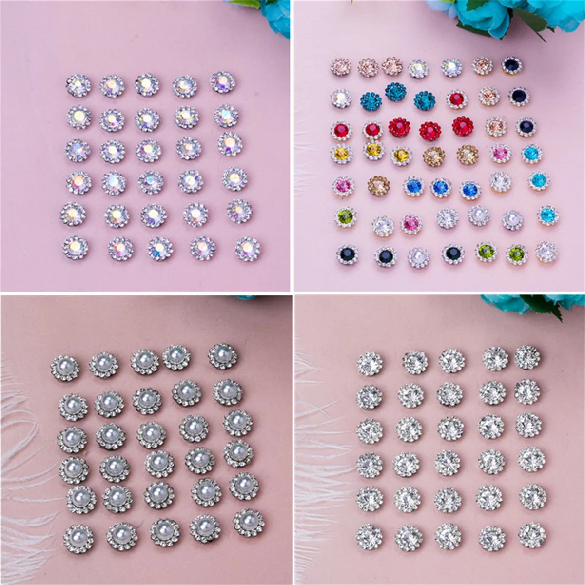 

50 Pcs Round Bling Crystal Rhinestone Pearl Flatback Buttons Wedding Invitation