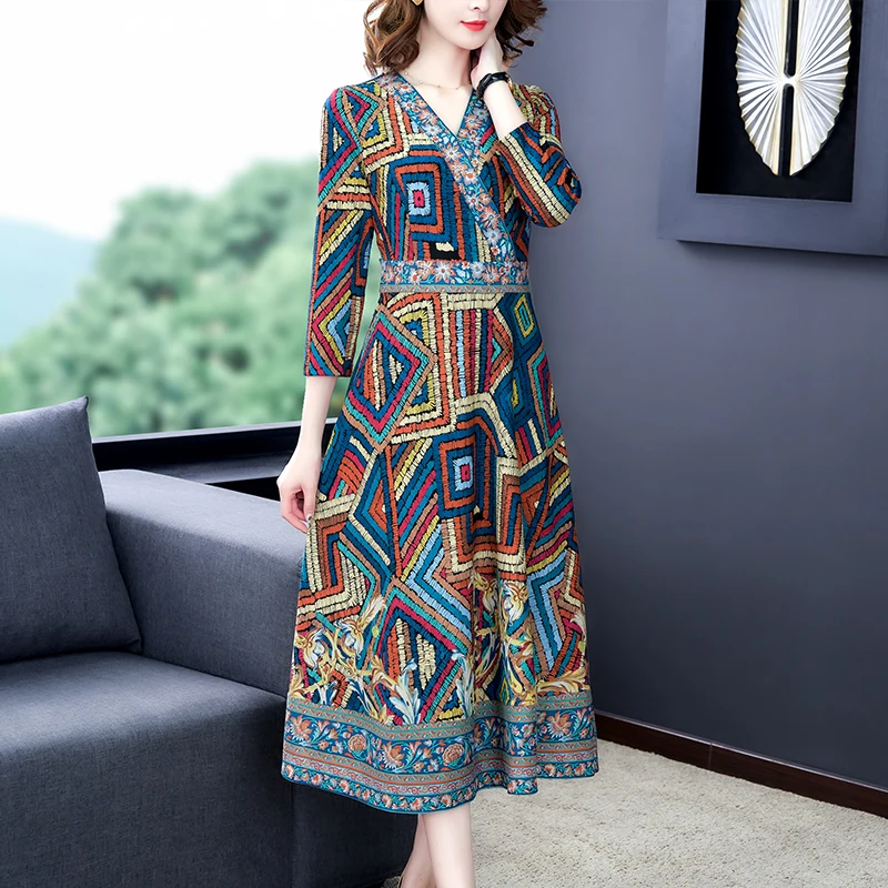 

2021 Autumn Vintage 3XL Plus Size Print Knitting Maxi Dress Winter Casual Long Sleeve Dresses Women Bodycon Party Classy Vestido