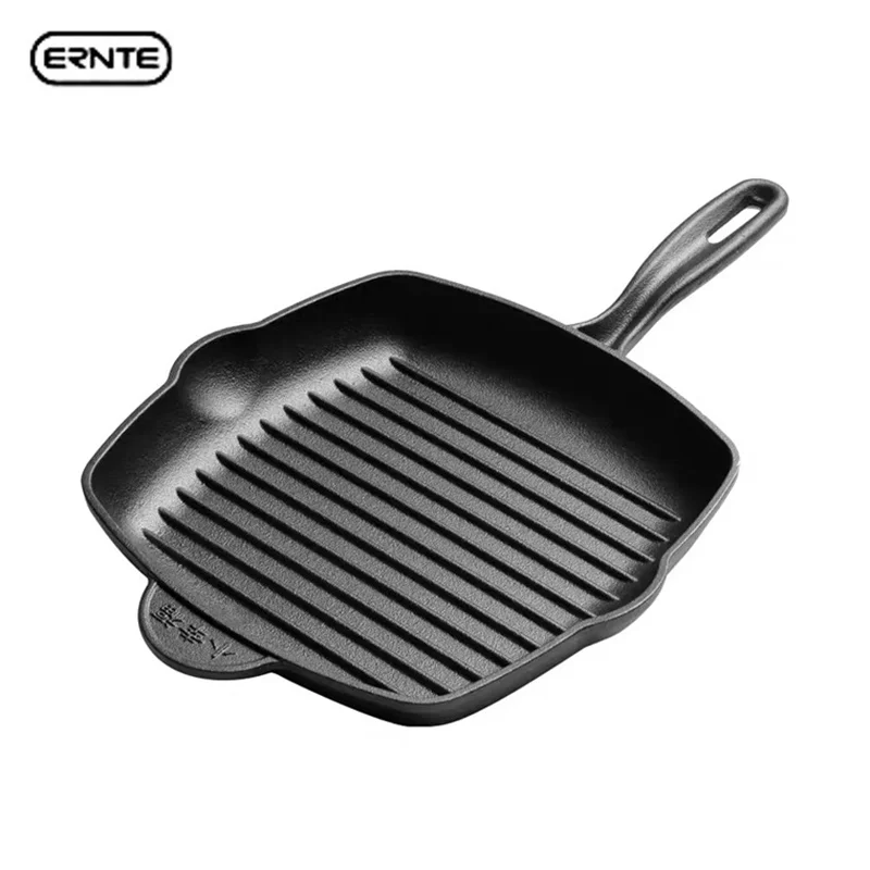 

ERNTE Thickened Cast Iron Steak Frying Pan Striped Steak Pan Uncoated Non-Stick Household Steak Frying Pan With Flat Bottom