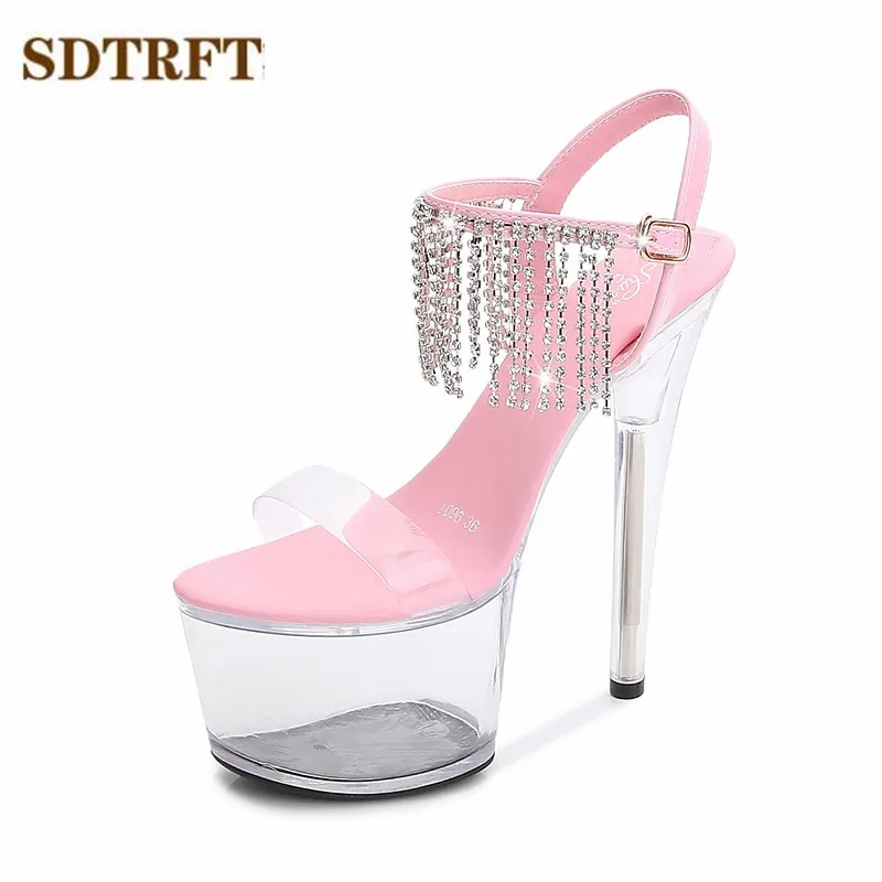 

SDTRFT прозрачные туфли на шпильке zapatos mujer 13 15 17 см туфли на выход на платформе с тонким каблуком со стразами кисточки сандалии женская обувь ве...