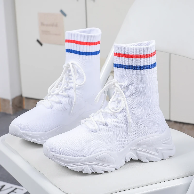 

2021 Autumn Winter New Couple Socks Shoes Running Thick-soled Casual Large Size Net Red Knitted Short Boots Women botas de mujer