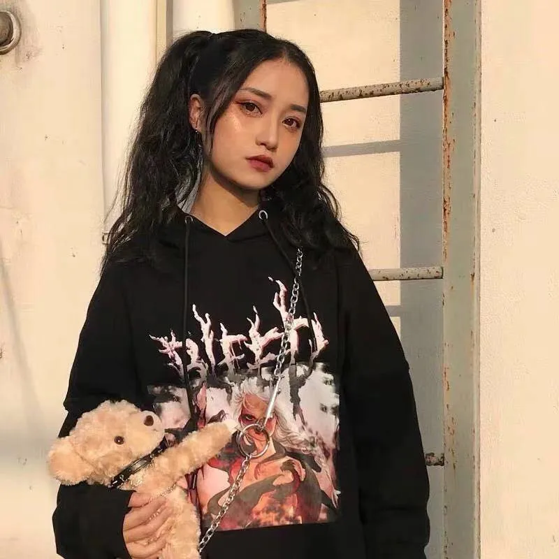 

High Street Hoodies Women Loose Long Sleeve Harajuku Autumn Winter Tops Fashion Oversized Sweatshirts Blakc Hip Hop Hoodies