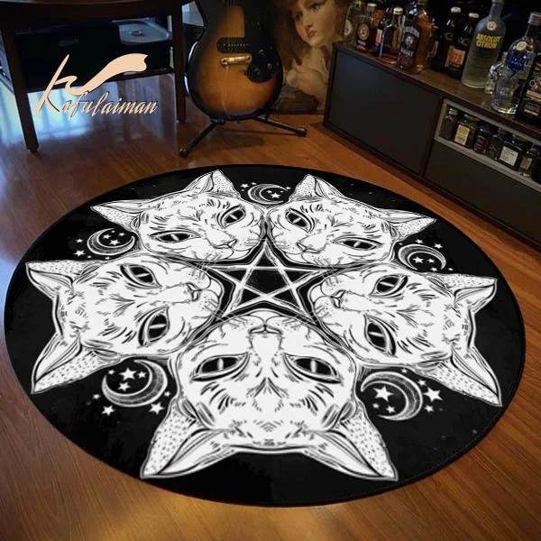 Satanic Cat Round Rug Goat Impaled Throne Area Carpet Bath Mat Black Living Room Home Decoration circle rug | Дом и сад