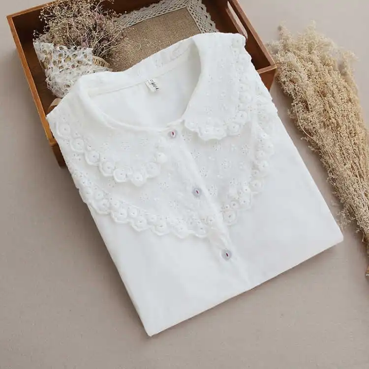 Spring New Korea Fashion Women Long Sleeve Embroidery Peter Pan Collar Casual Shirts 100% cotton Mori Girl White Blouse S578