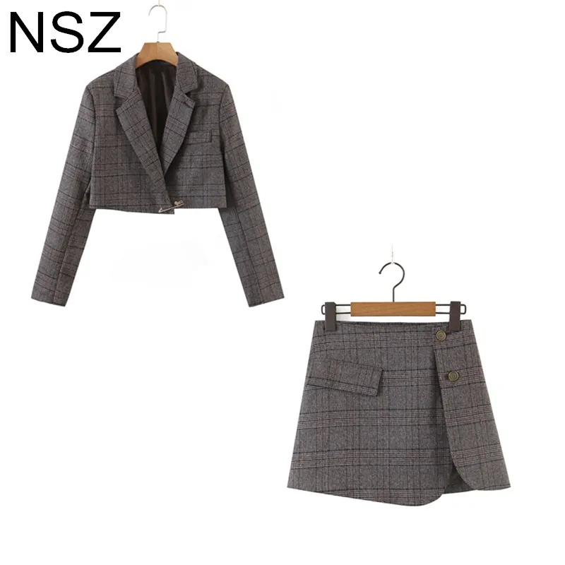 

Женский клетчатый костюм NSZ, коричневый костюм из блейзера и юбки для офиса, элегантный шикарный клетчатый пиджак, костюмы с асимметричной ю...