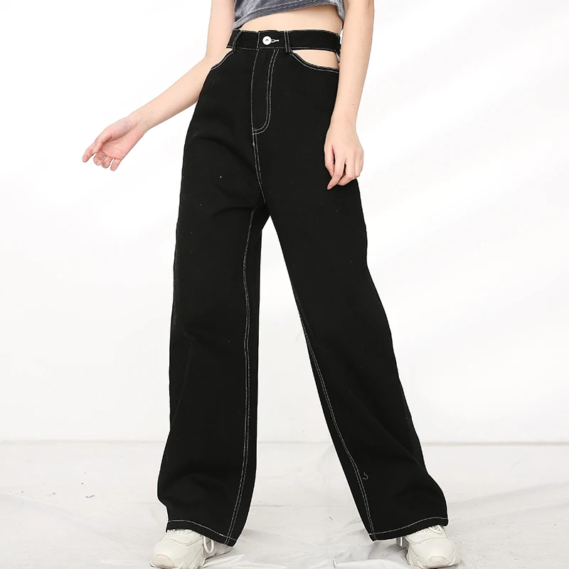 

Long Black Denim Hollow Out Wide Leg Jeans New High Waist Loose Women Trousers Fashion Tide Spring Autumn 2021 1DA93601