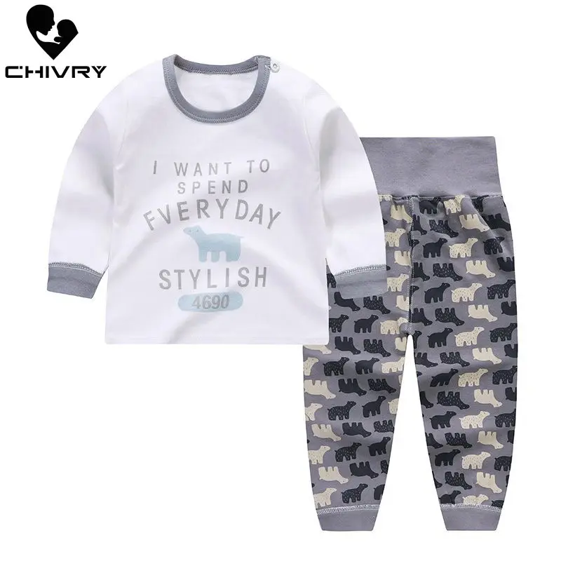 Newborn Kids Boys Girls Pajama Sets Cartoon Print Long Sleeve Cute T-Shirt Tops with Pants Toddler Baby Autumn Sleeping Clothes | Детская