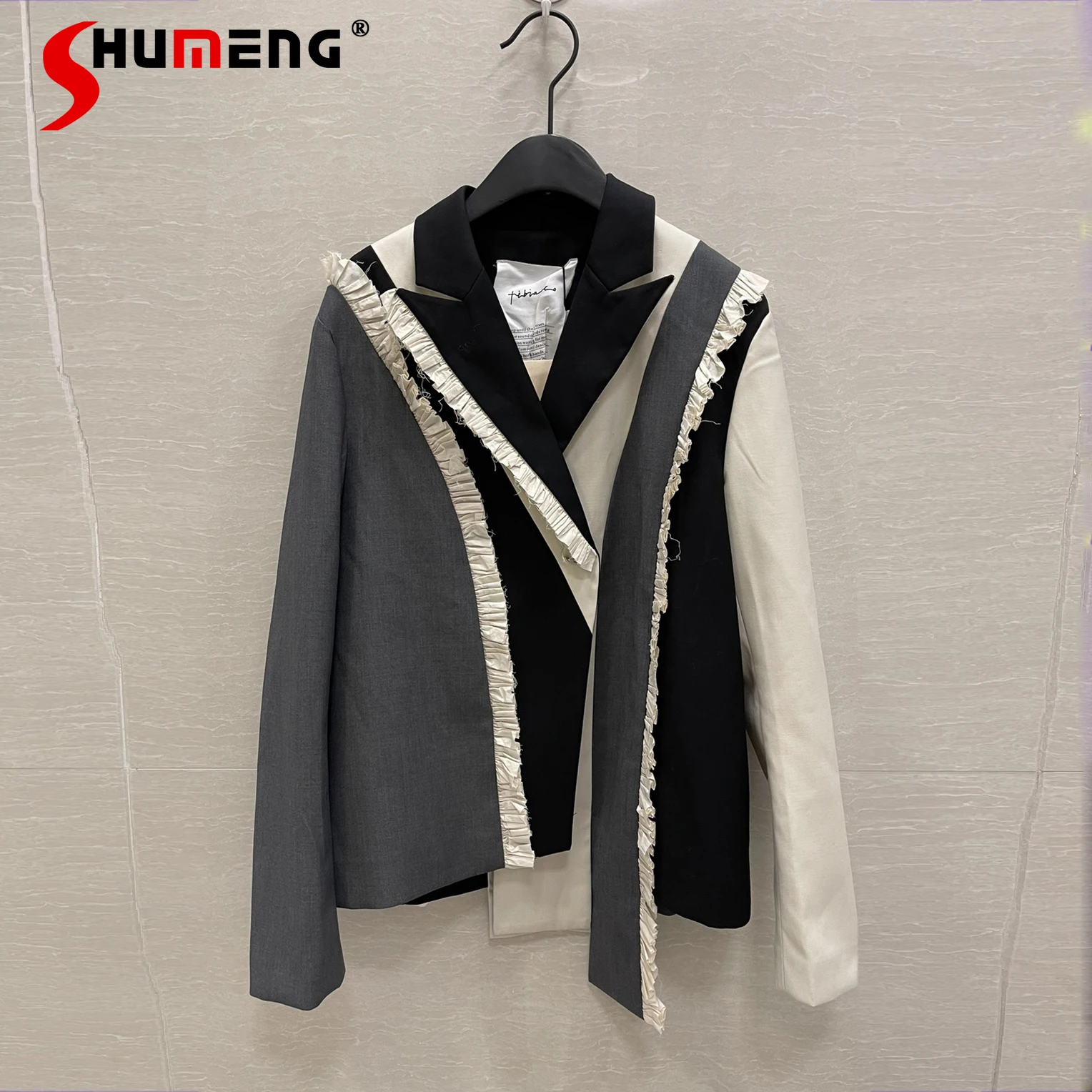 

British Style Patchwork Ruffle Notched Womens Suit Temperament Long Sleeve with Ruffles Blazer Female 2021 Autumn Fashion New