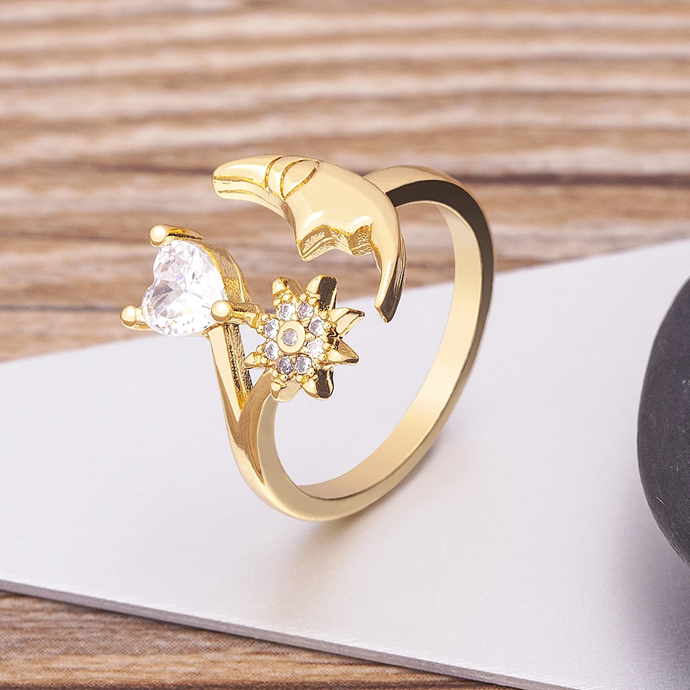 

New Fashion Copper Micro-inlaid Zircon Gold Color Moon Heart Open Ring Hip Hop Exaggerated Adjustable Love Jewelry Gifts