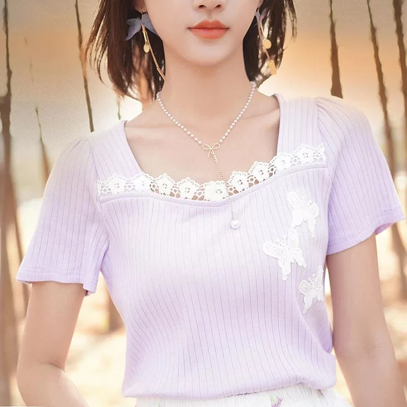 

Fashion lavender Women Tops T-shirts Female 2019 Summer