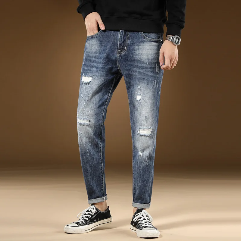 Мужские джинсы Корейская версия Модные узкие уличные повседневные Простые брюки