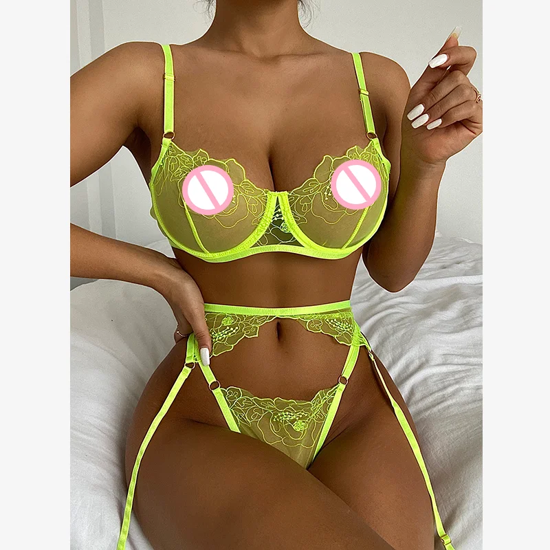 

Женское сексуальное нижнее белье, кружевной бюстгальтер пуш-ап, Соблазнительные трусики с подвязкой, прозрачное Эротическое Бандажное Про...
