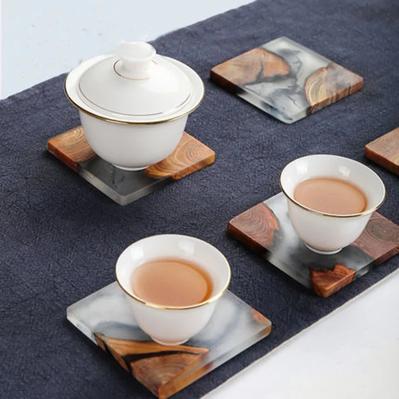

Solid Wood Square Resin Coaster Heat Insulation Chinese Kung Fu Puer Tea Ceremony Teaware Tools Anti Scald Cup Mat