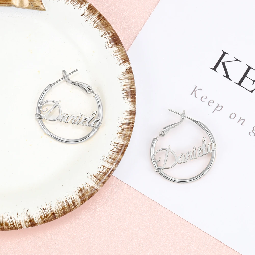 Personalized Name Copper Letter Earrings for Women Gold/Silver/Rose Gold Color Customized Circle Hoop Gifts Girls | Украшения и