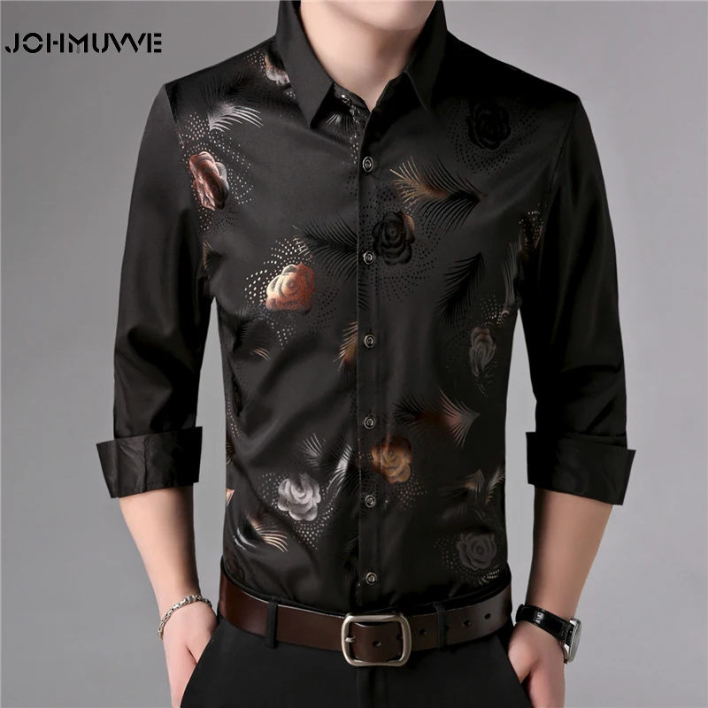 

JOHMUVVE Men Lapel Long-Sleeved Bronzng Feather Flower Print Loose Shirt Casual Busness Fashion All-Match Men Four Seasons Shirt