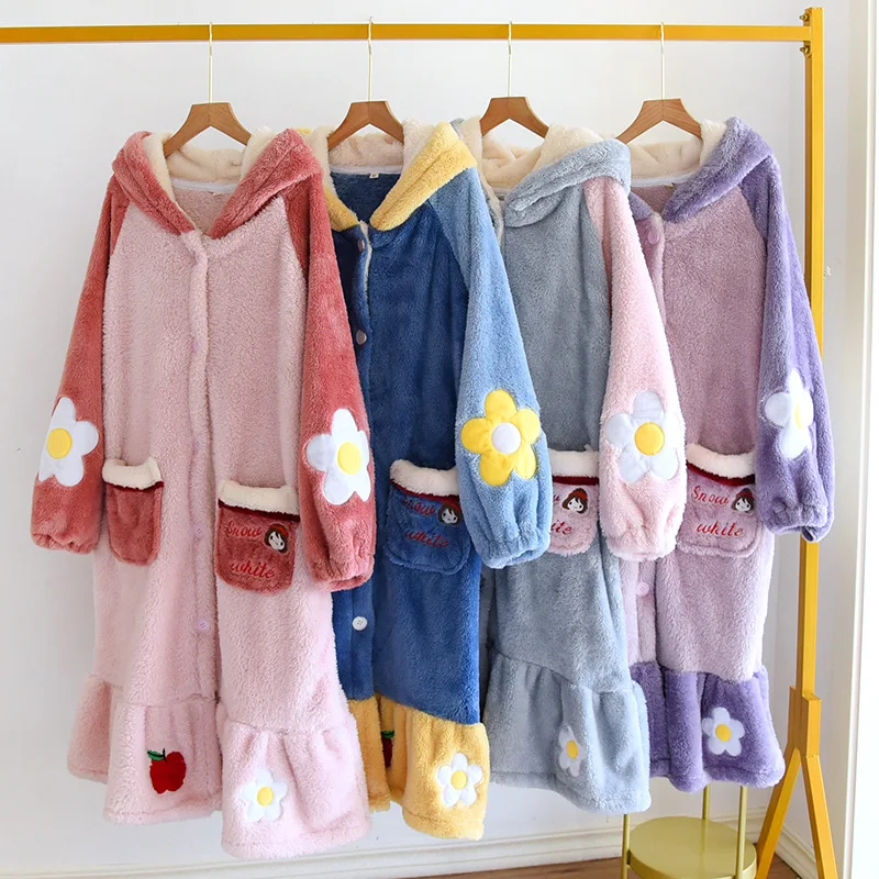 

Flannel Autumn Winter Lovely Cute Robe Comfortable Long Thickened Night Dress Women Flower Button Hooded Pocket Purple Pajamas