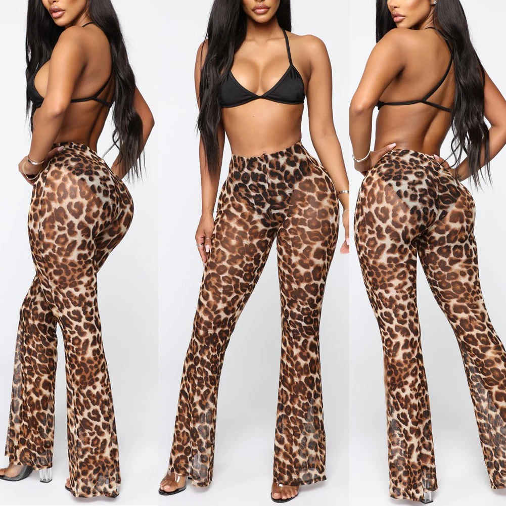 Новые женские леопардовые сексуальные пляжные сетчатые прозрачные расклешенные