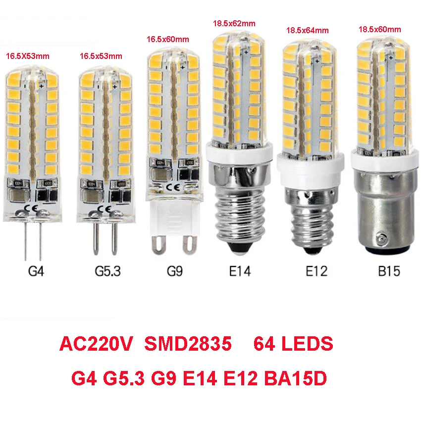 

50 шт. AC220V G4 G5.3 G9 E12 E14 BA15D светодиодный лампы 64SMD 2835 Светодиодный Светильник Мозоли светодиодный силиконовый хрустальная люстра лампа белый/те...