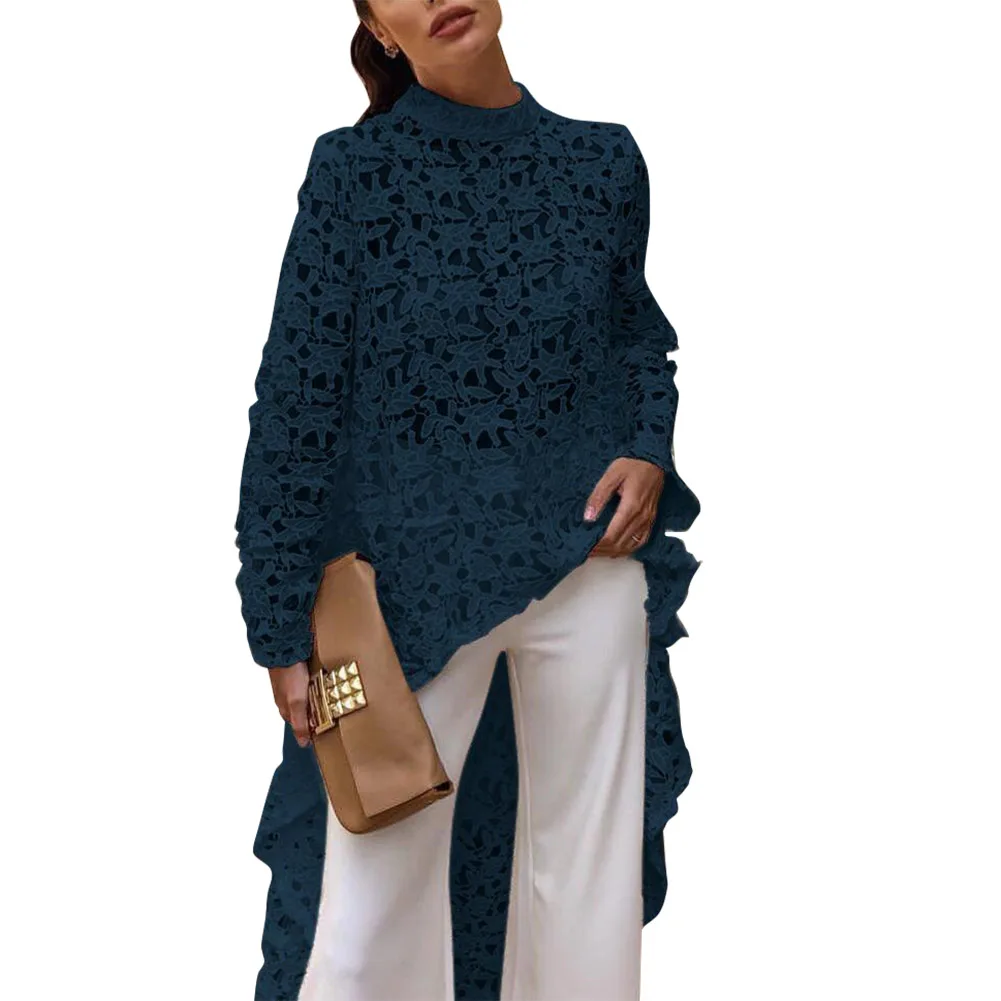 Тёмно-синий Women Asymmetric Long Shirt Round Neck Long Sleeve Hollow Casual High Low Blouse Top IK88 - Цвет: Тёмно-синий