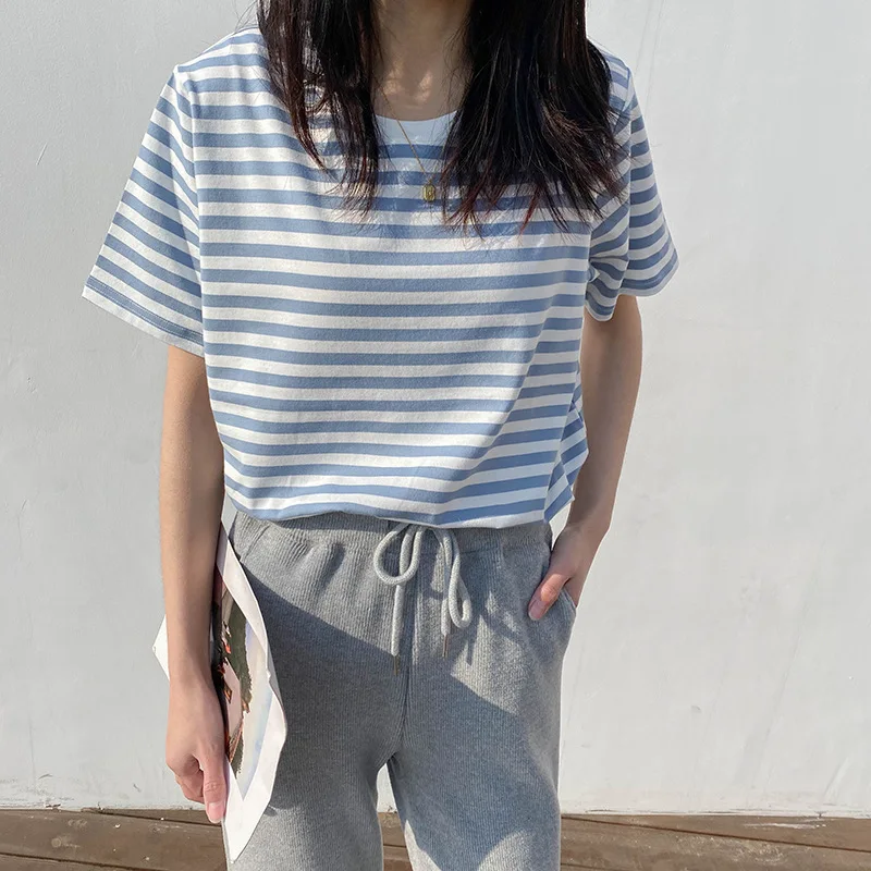 

95% Cotton 2021 Summer Classic Stripe Short Sleeve T-shirt For Women Round Neck Loose Cotton T-shirt Tee Female Casual Tops