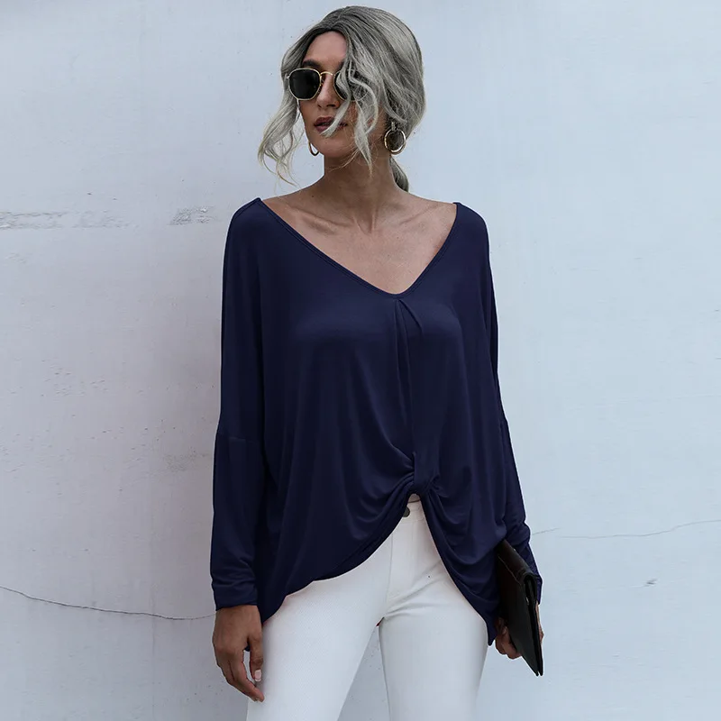 

NewPopular In Autumn And Winter Of V-neck Splicing Long Sleeve T-shirt 1577 Woman Tshirts