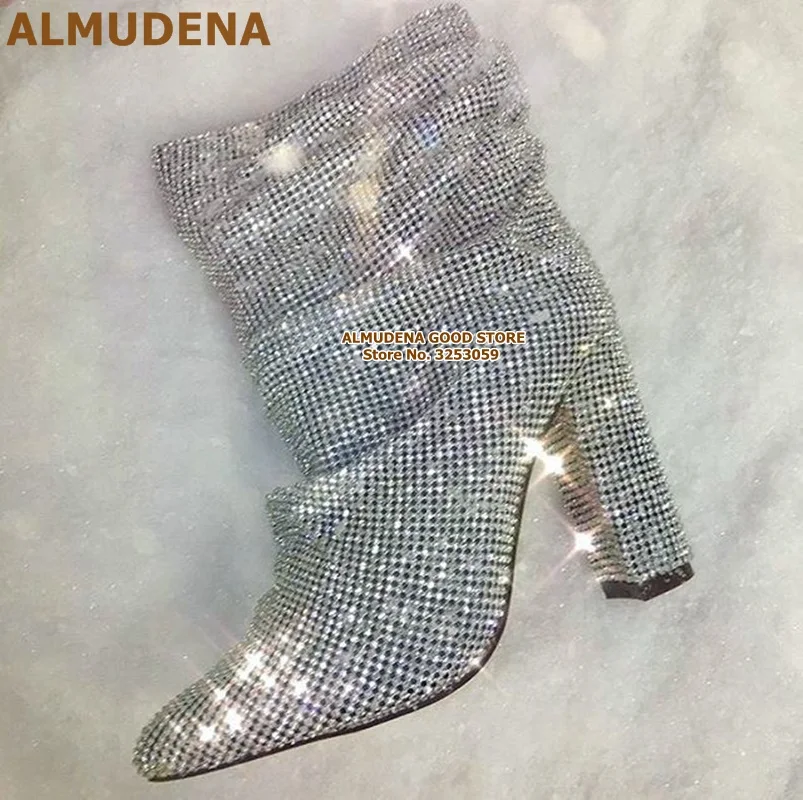 

ALMUDENA Ladies Chunky Heel Rhinestone Booties Gold Silver Black Bling Bling Motorcycle Boots Nice Rhinestone Ankle Boots Pumps