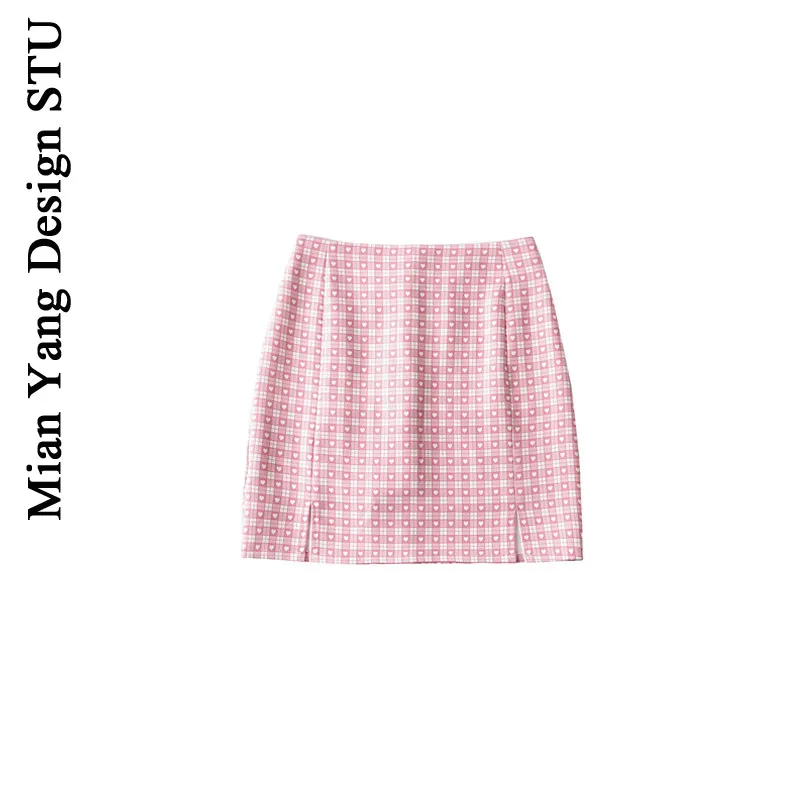 Хлопок океана в стиле ретро Одежда клетку любовь Высокая талия юбка на весну и