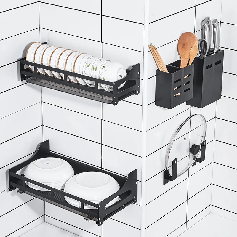 

Storage Hanging Wall Mounted Kitchen Dish Rack Shelf Punch Free Pantry Organizer Etagere Cuisine Accessories Supplies DM50WMKR